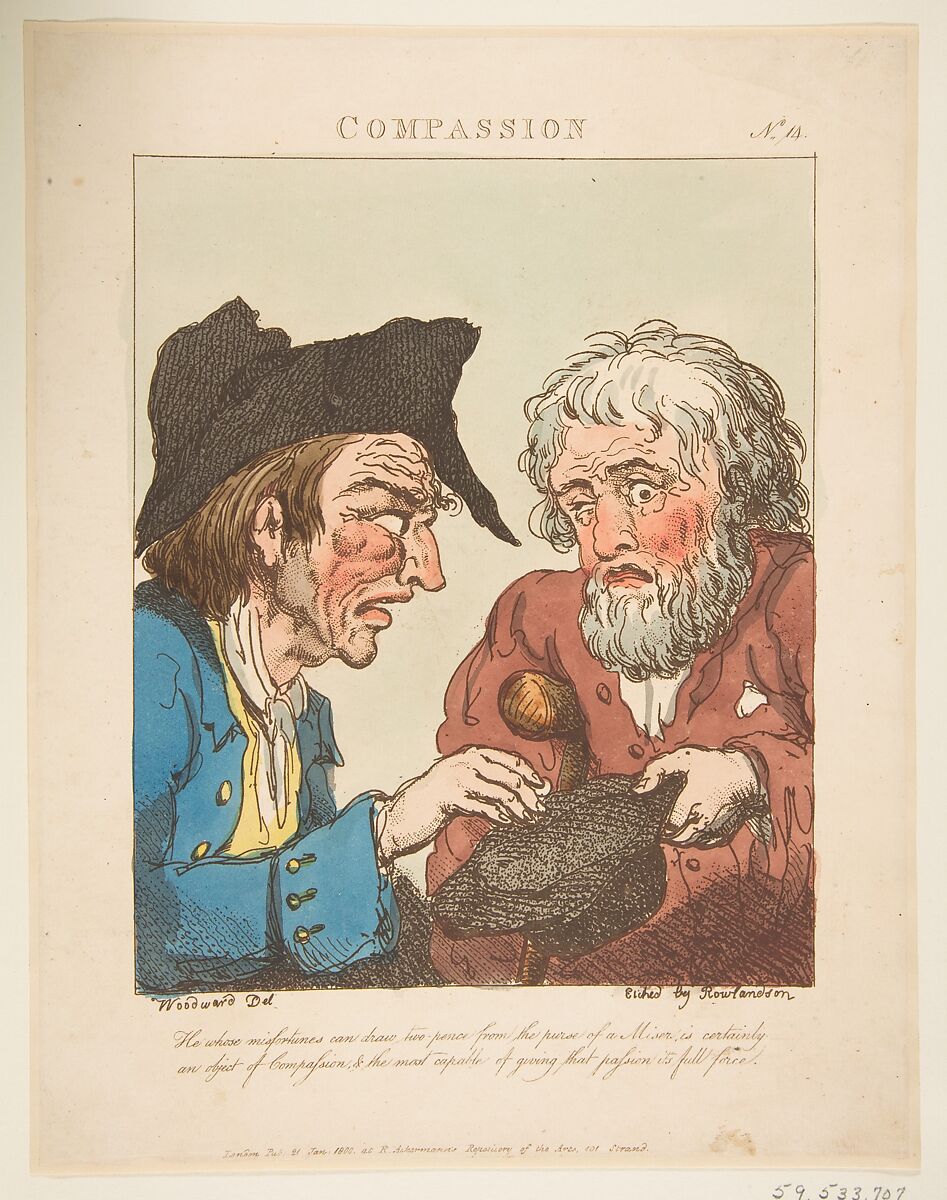 Compassion (Le Brun Travested, or Caricatures of the Passions), Thomas Rowlandson (British, London 1757–1827 London), Hand-colored etching, printed in brown ink 