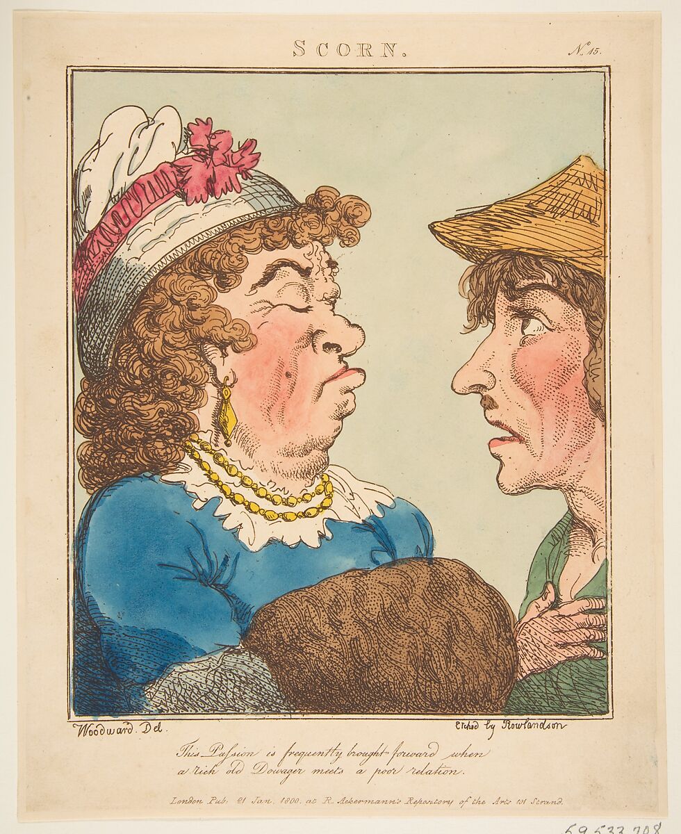 Scorn (Le Brun Travested, or Caricatures of the Passions), Thomas Rowlandson (British, London 1757–1827 London), Hand-colored etching, printed in brown ink 