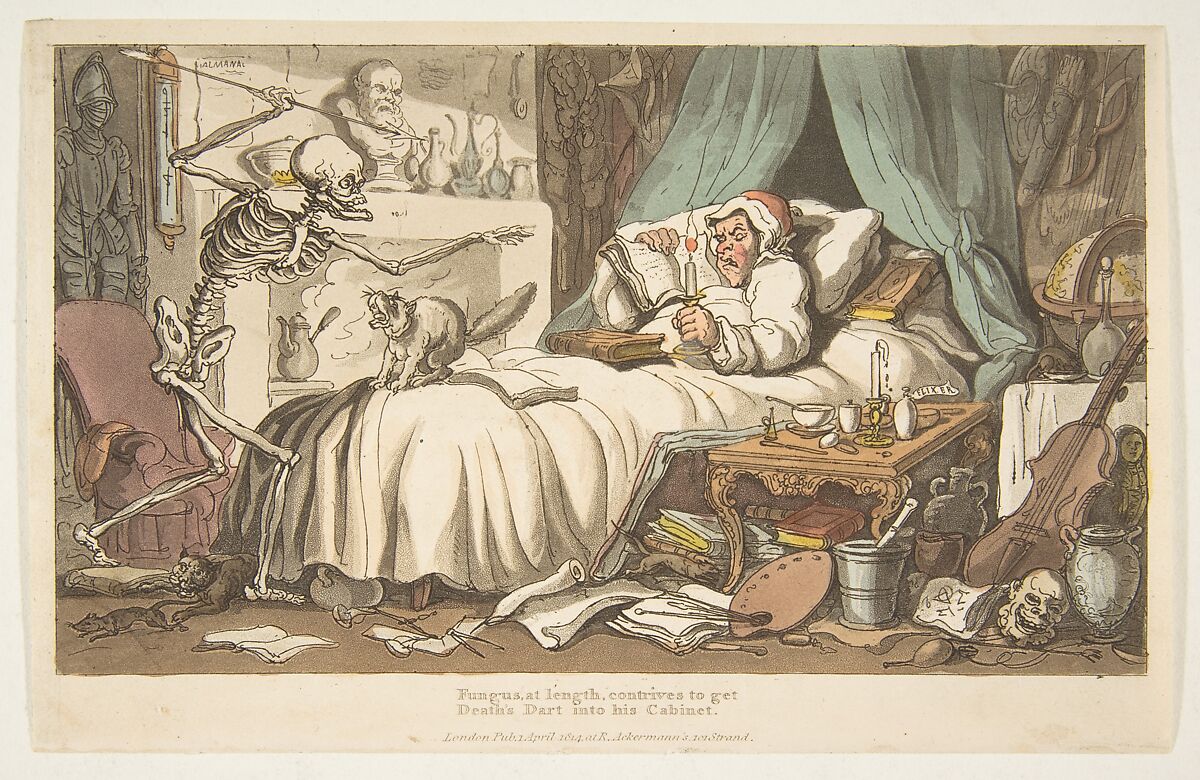 The Antiquary's Last Will and Testament (The English Dance of Death, plate 2), Thomas Rowlandson (British, London 1757–1827 London), Etching and aquatint with watercolor 