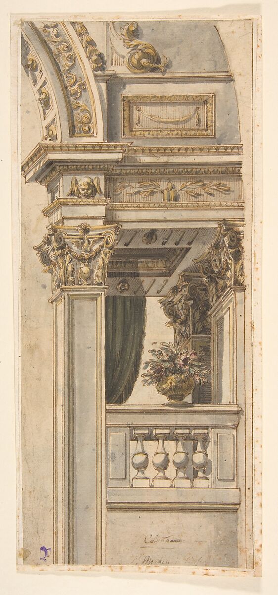 Design for Part of a Wall Elevation with a Balcony flanking an Arch, Attributed to Faustino Trebbi (Italian, Budrio [Bologna] 1761–1836 Bologna), Pen and brown ink, brush and wash, with watercolor 