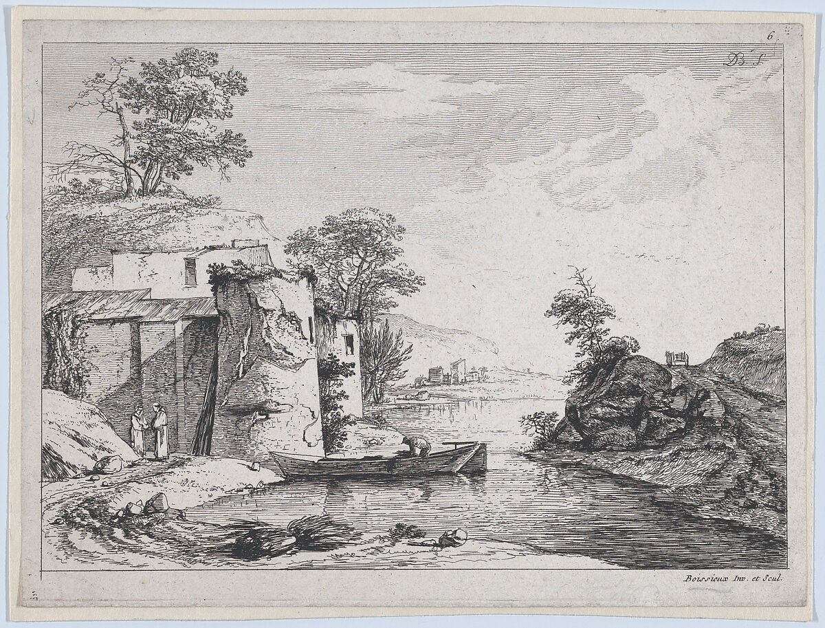 Old Towers on a River Bank, Jean Jacques de Boissieu (French, Lyons 1736–1810 Lyons), Etching; third state of four 