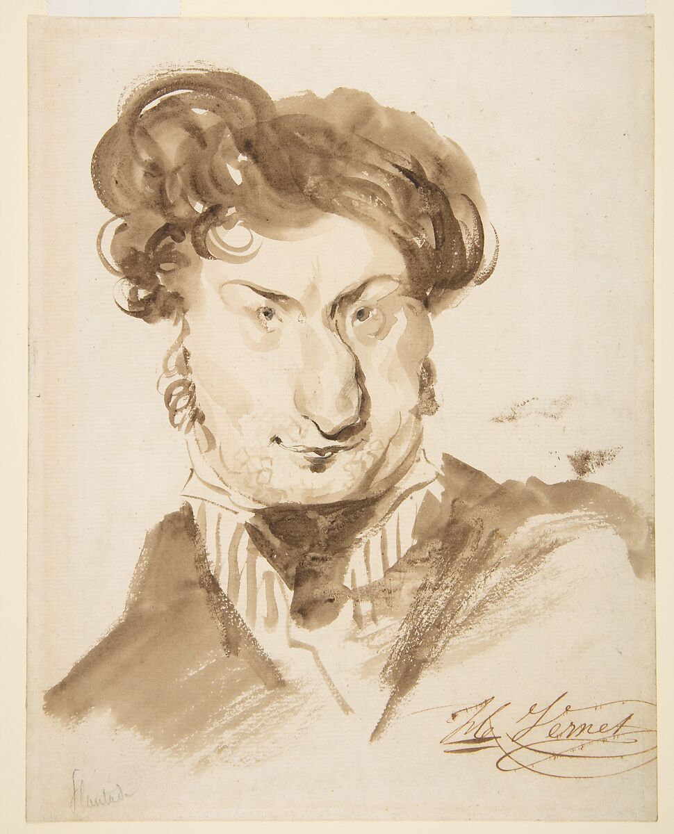 Caricature of Charles-Henri Plantade (?), Horace Vernet (French, Paris 1789–1863 Paris), Pen and brown ink, brush and brown wash and black chalk 