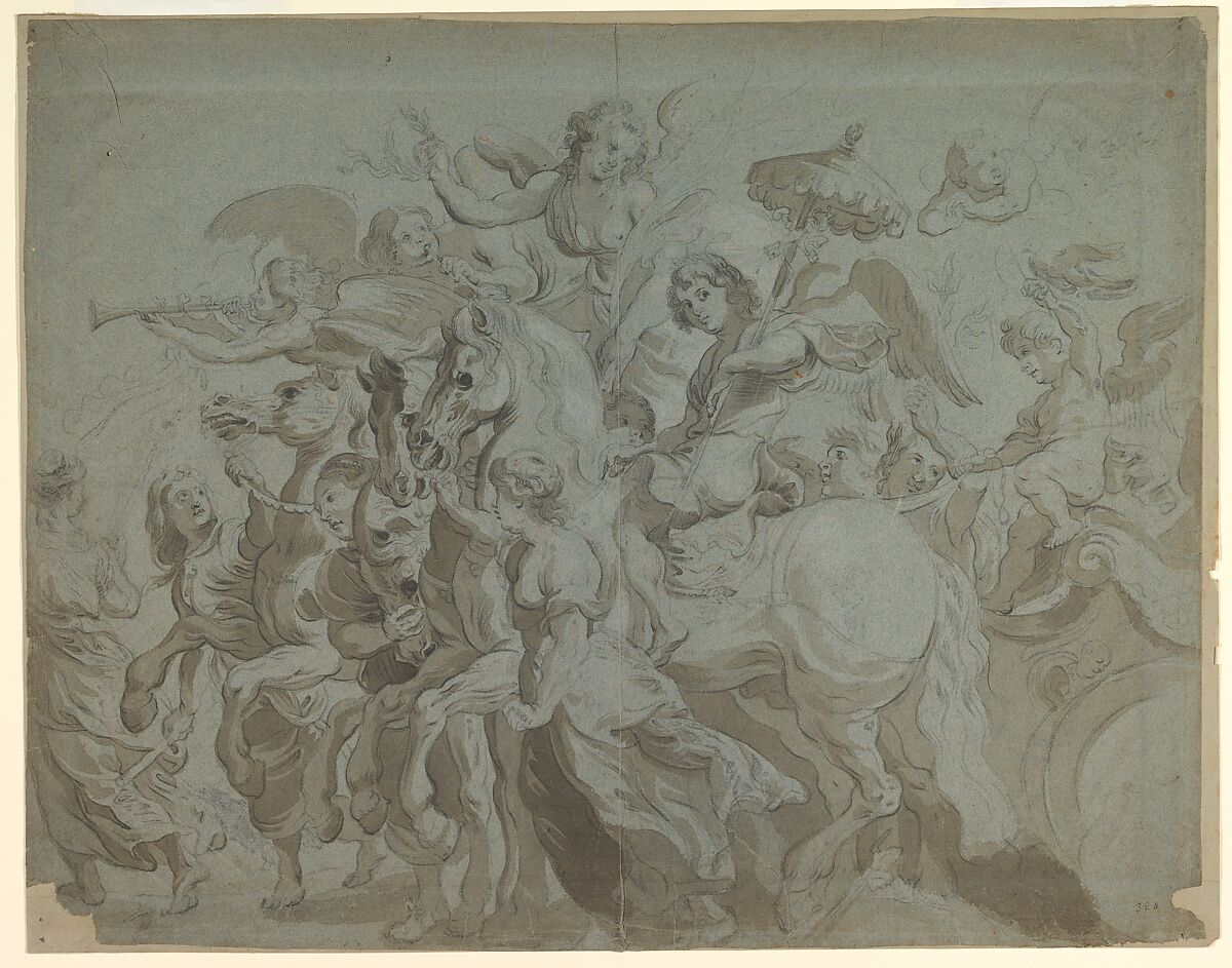 Triumph of the Eucharist, Anonymous, Flemish, 17th century, Black chalk, brush and brown wash, heightened with white gouache, on blue paper 