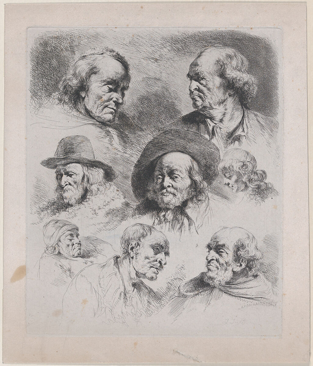 Study of Eight Heads, Jean Jacques de Boissieu (French, Lyons 1736–1810 Lyons), Etching; fourth state of four 