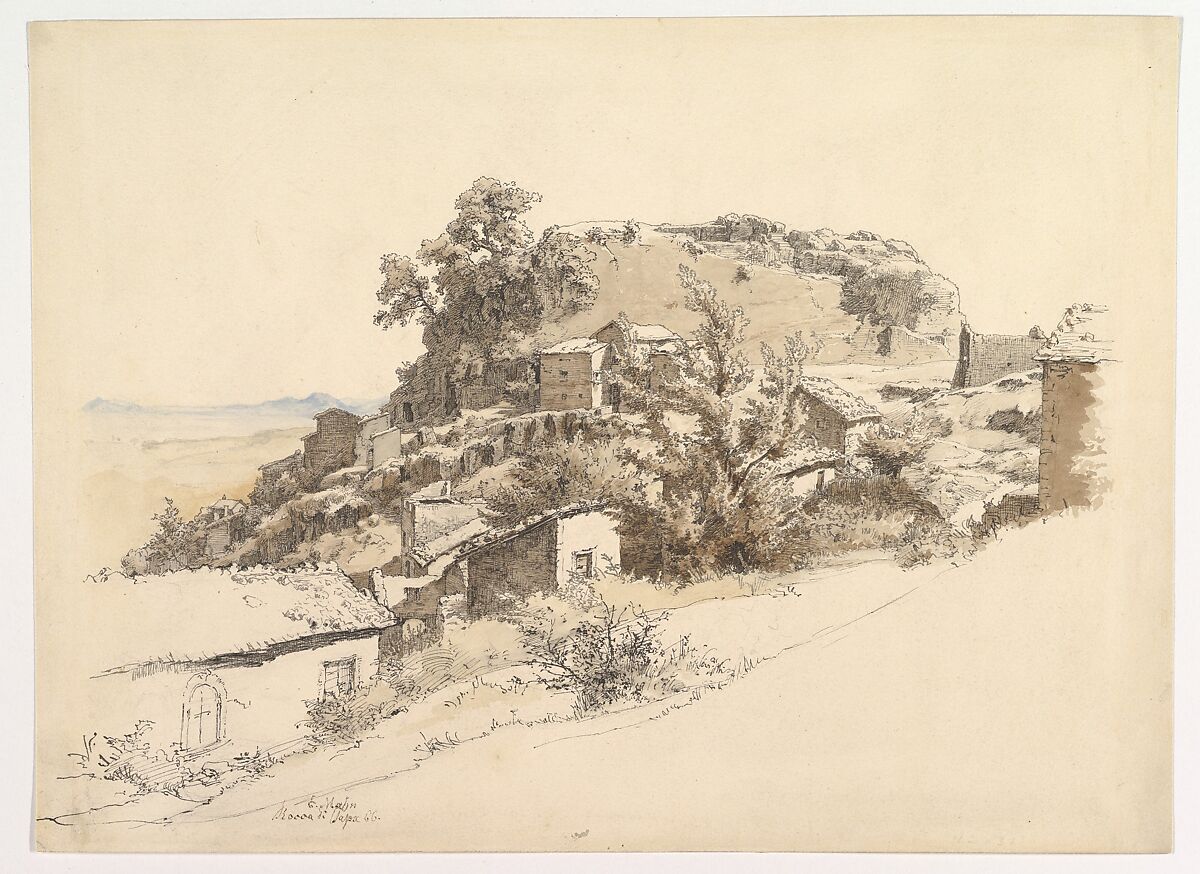 Roman Landscape near Rocca di Papa, Ernst Furchtegott Mohn (German, Dresden 1835–1912 Leipzig), Pen and black and greyish brown ink, brush and brown ink, watercolor 
