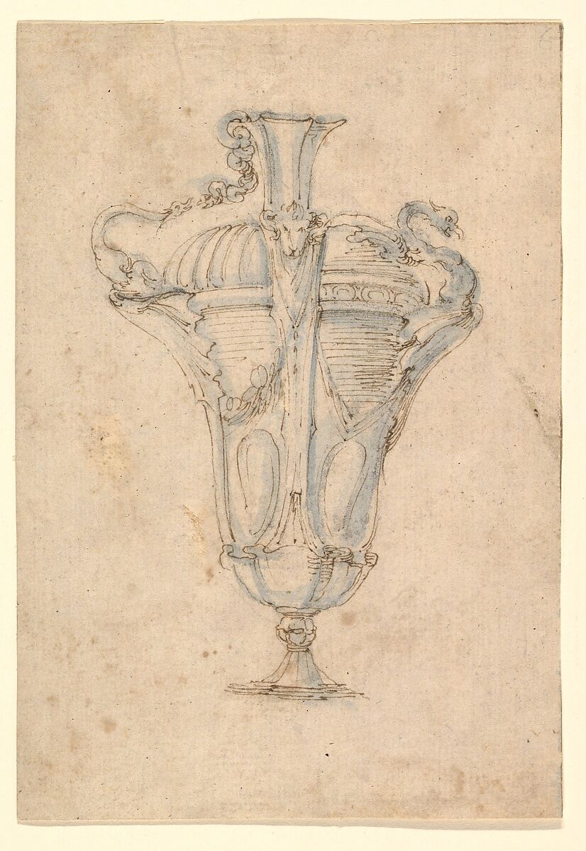 Design for a Glass (?) Ewer, Attributed to Stefano della Bella (Italian, Florence 1610–1664 Florence), Pen and brown ink over black chalk, blue wash 