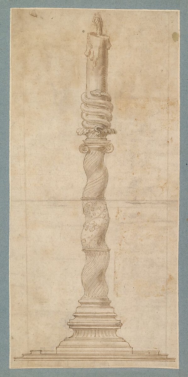 Design for a Candlestick, Giulio Romano (Italian, Rome 1499?–1546 Mantua), Pen and brown ink, light brown wash, over traces of black chalk and some incised lines made with a straight edge 