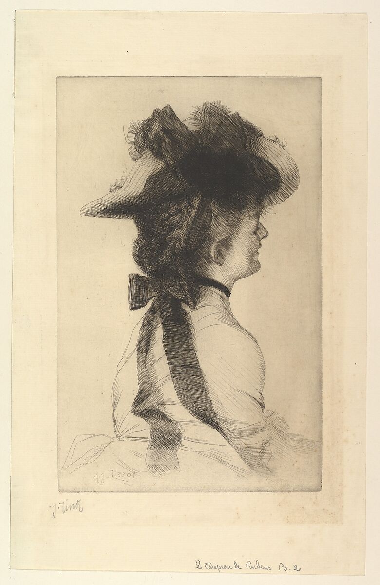The Rubens Hat, James Tissot (French, Nantes 1836–1902 Chenecey-Buillon), Etching on laid paper; second state of two 