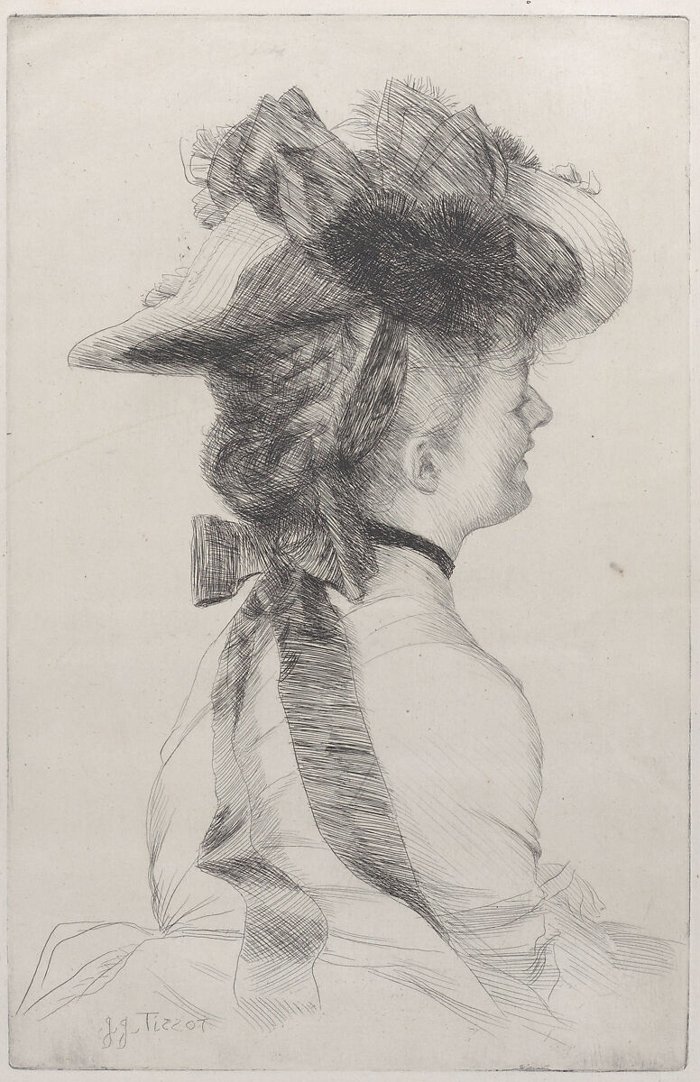 The Rubens Hat, James Tissot (French, Nantes 1836–1902 Chenecey-Buillon), Etching on laid paper; first state of two 