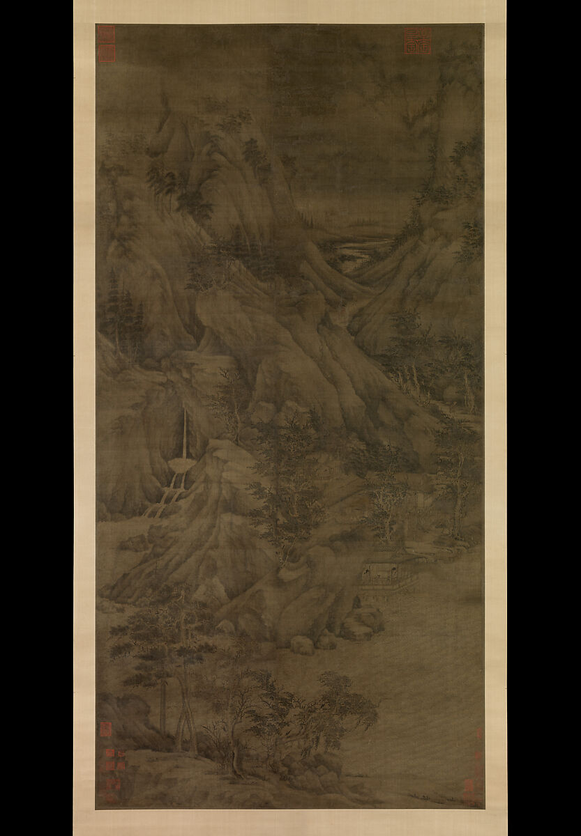 Riverbank, Attributed to Dong Yuan (Chinese, active 930s–960s), Hanging scroll; ink and color on silk, China 