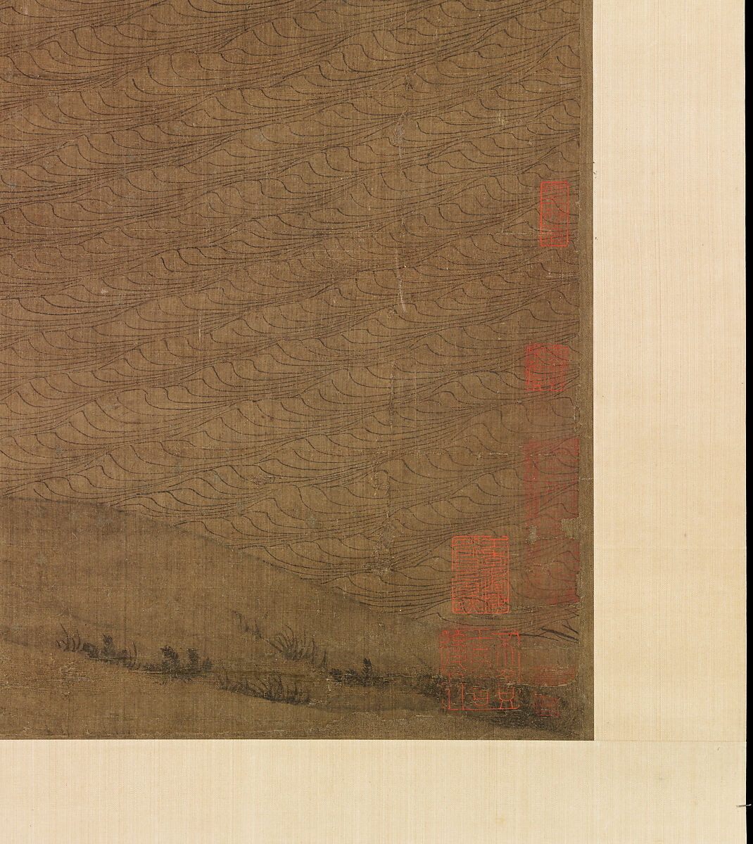 Riverbank, Attributed to Dong Yuan (Chinese, active 930s–960s), Hanging scroll; ink and color on silk, China