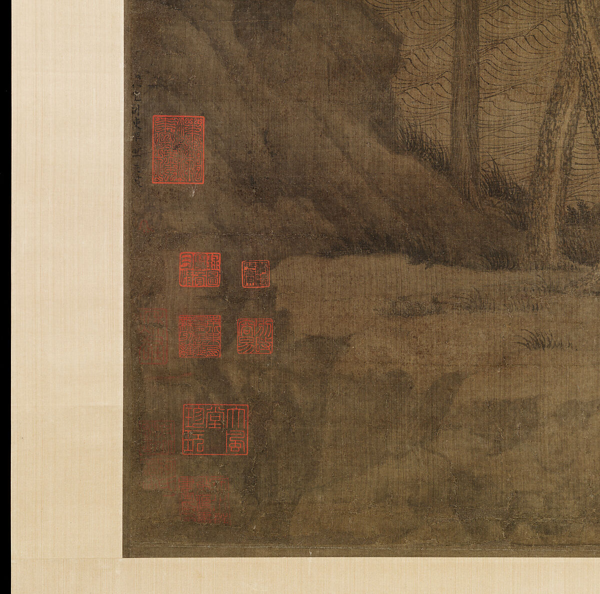 Riverbank, Attributed to Dong Yuan (Chinese, active 930s–960s), Hanging scroll; ink and color on silk, China