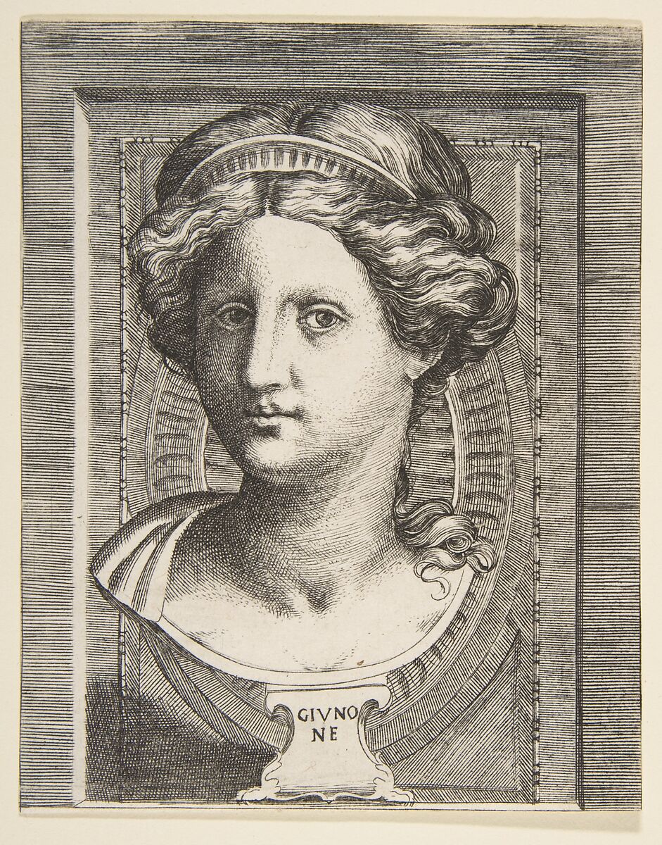 Sculpted head of Juno, Giulio Bonasone (Italian, active Rome and Bologna, 1531–after 1576), Engraving 