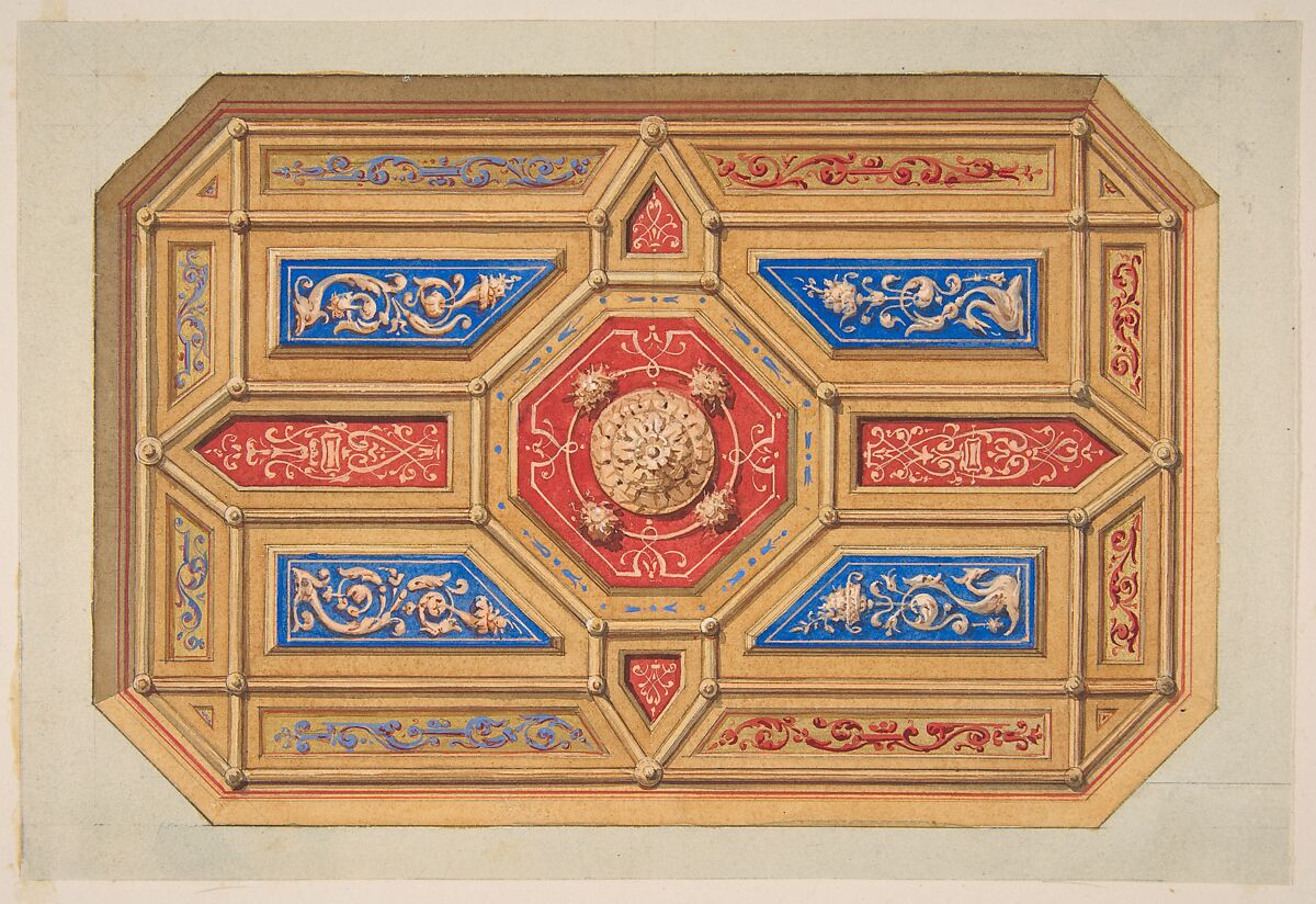 Design for a paneled ceiling, Jules-Edmond-Charles Lachaise (French, died 1897), pen and ink, watercolor 
