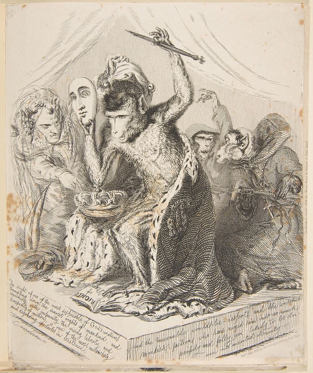 Monkey Despot, from Monkey-Ana or Men, in Miniature, Thomas Landseer (British, London 1795–1880 London), Illustrations: etching 