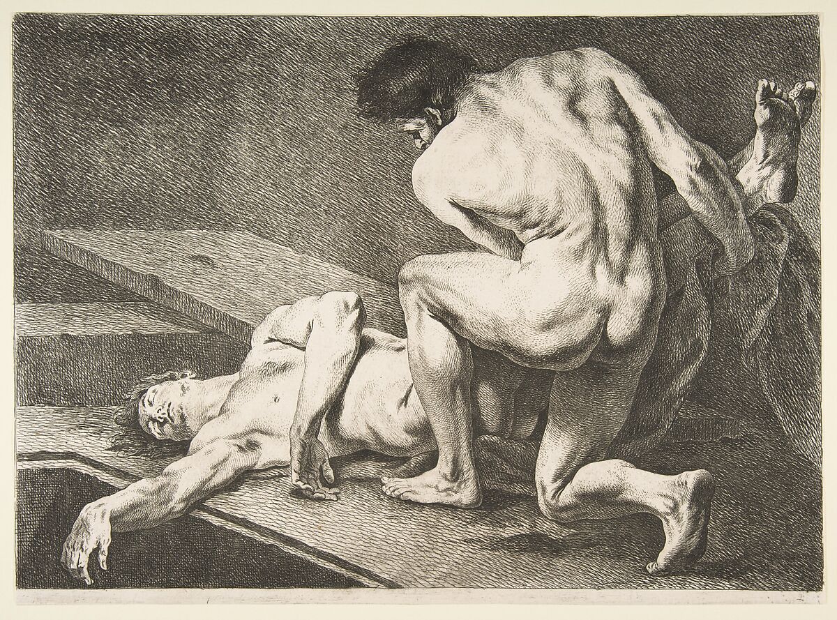 An "Académie": One Man Lifting the Legs of Another Man, Carle (Charles André) Vanloo (French, Nice 1705–1765 Paris), Etching 