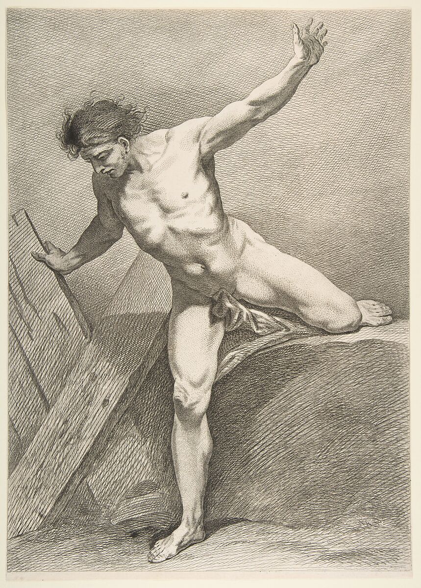 An "Académie": Striding Man Leaning on a Plank, Carle (Charles André) Vanloo (French, Nice 1705–1765 Paris), Etching 
