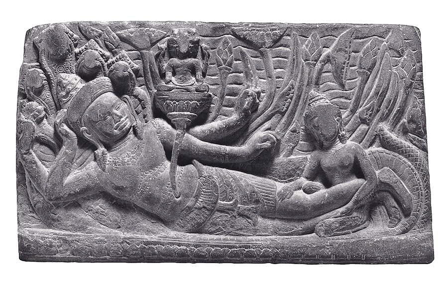 Vishnu Resting on the Serpent Shesha (Vishnu Anantashayin), Stone, Cambodia 