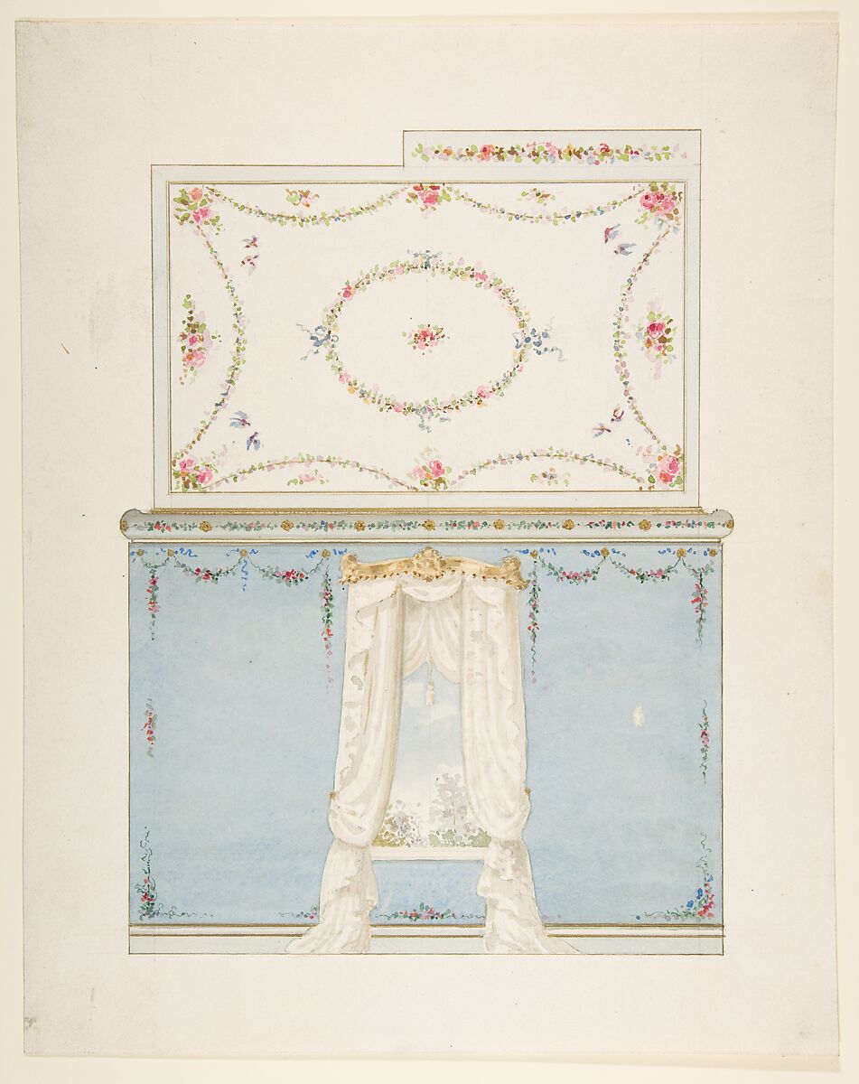 Ceiling and wall design, Anonymous, French, 19th century, Pen and ink, watercolor 