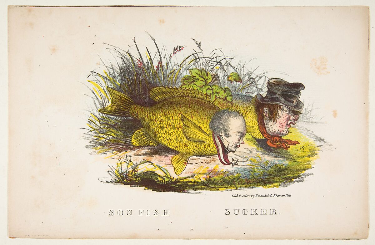 Son Fish and Sucker, from "The Comic Natural History of the Human Race", Henry Louis Stephens (American, Philadelphia, Pennsylvania 1824–1882 Bayonne, New Jersey), Color lithograph with watercolor and gum 