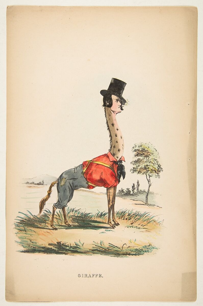 Giraffe (John E. Owens as Jakey), from "The Comic Natural History of the Human Race", Henry Louis Stephens (American, Philadelphia, Pennsylvania 1824–1882 Bayonne, New Jersey), Color lithograph with watercolor and gum 