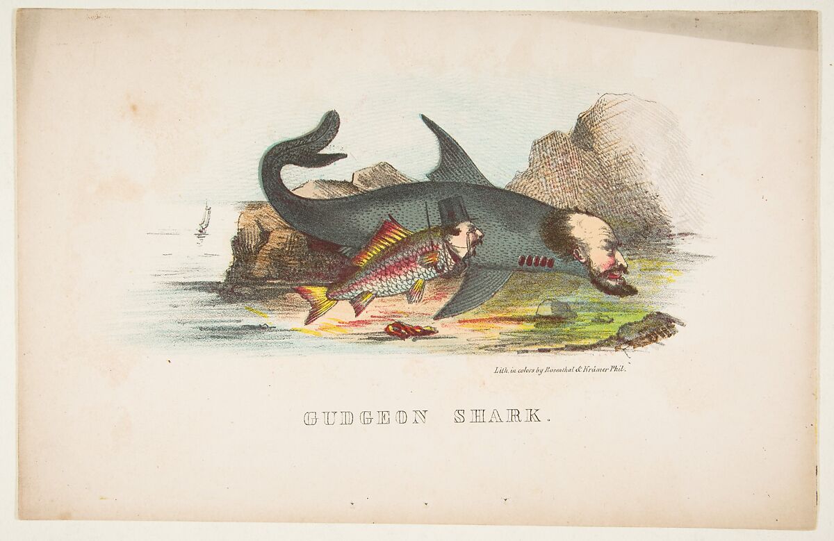 Gudgeon and Shark, from "The Comic Natural History of the Human Race", Henry Louis Stephens (American, Philadelphia, Pennsylvania 1824–1882 Bayonne, New Jersey), Color lithograph with watercolor and gum 