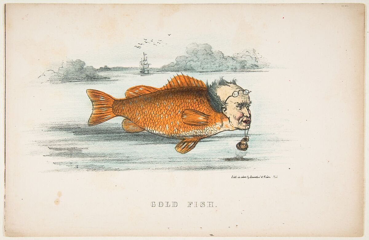 Gold Fish (Francis M. Drexel), from "The Comic Natural History of the Human Race", Henry Louis Stephens (American, Philadelphia, Pennsylvania 1824–1882 Bayonne, New Jersey), Color lithograph with watercolor and gum 