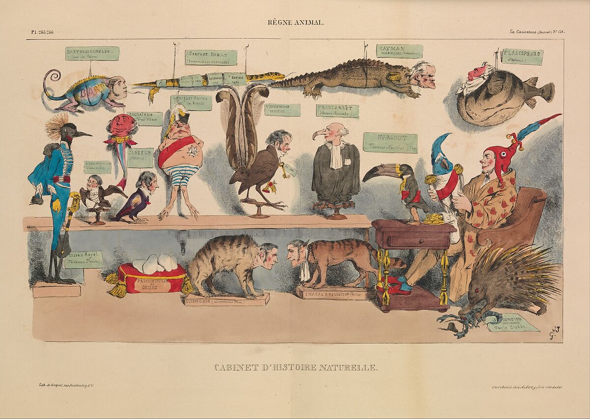 Animal Kingdom: Natural History Cabinet (Règne animal: Cabinet d'histoire naturelle), from La Caricature, plates 265 and 266, J. J. Grandville (French, Nancy 1803–1847 Vanves), Lithograph, hand-colored 
