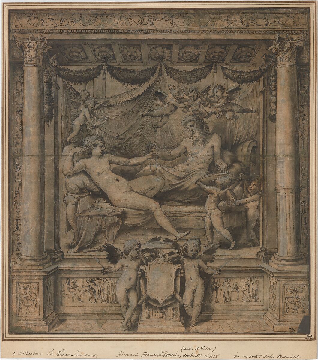 Jupiter and Juno: Study for the "Furti di Giove" Tapestries, Perino del Vaga (Pietro Buonaccorsi) (Italian, Florence 1501–1547 Rome), Pen and dark brown ink with brown and gray wash, highlighted with white gouache 