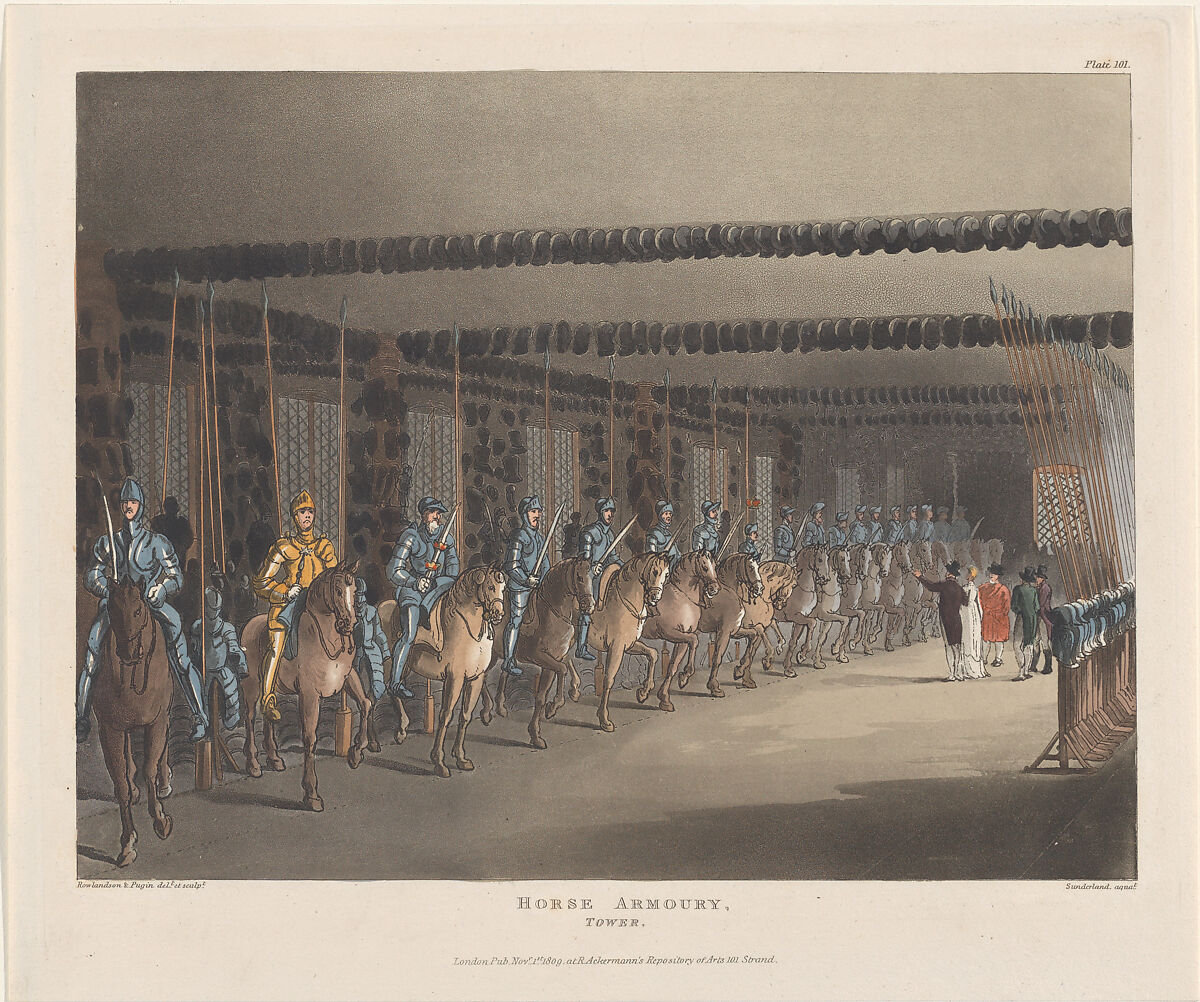 Horse Armoury, Tower of London, Designed and etched by Thomas Rowlandson (British, London 1757–1827 London), Hand-colored etching and aquatint