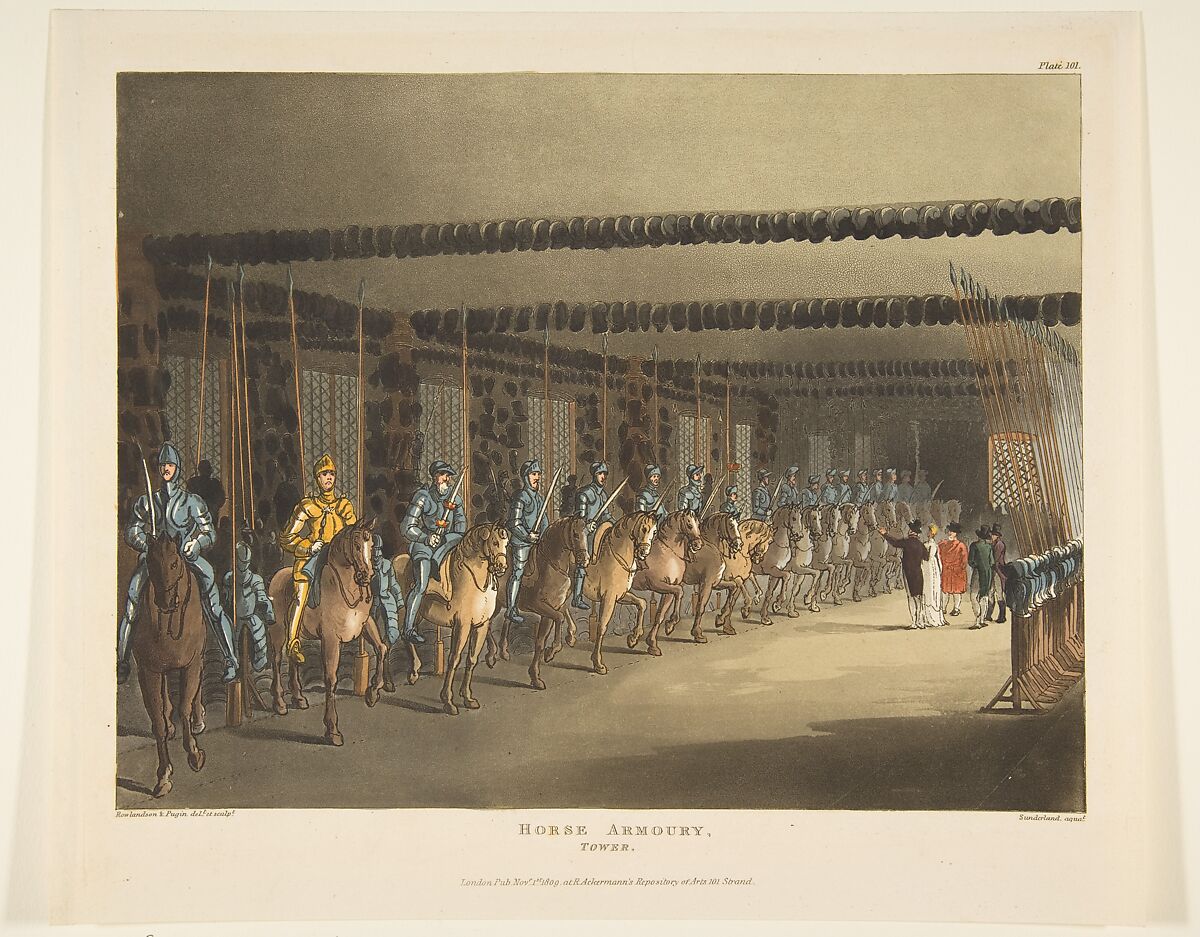 Horse Armoury, Tower of London, Designed and etched by Thomas Rowlandson (British, London 1757–1827 London), Hand-colored etching and aquatint