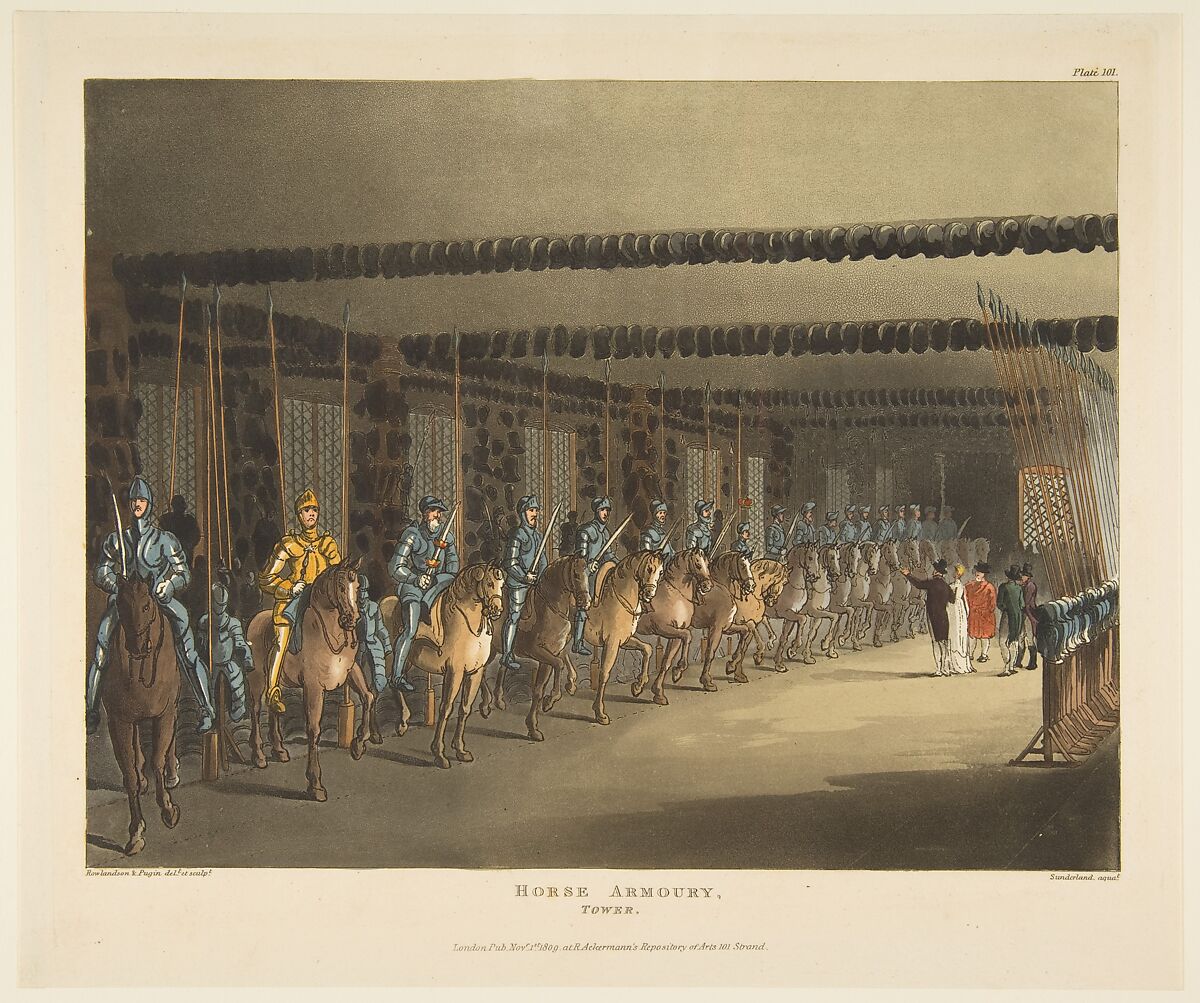 Horse Armoury, Tower of London, Designed and etched by Thomas Rowlandson (British, London 1757–1827 London), Hand-colored etching and aquatint 