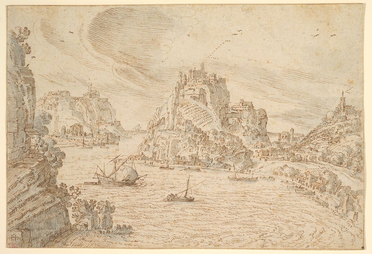 A Rocky Estuary with Ships and Hill Towns, Hendrik van Cleve (Netherlandish, 1525–1589), Pen and brown ink, blue wash; framing line in pen and brown ink, probably by the artist 