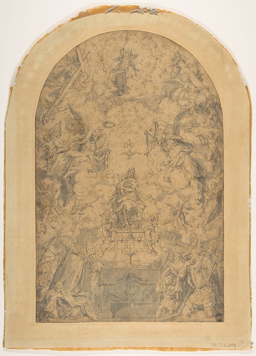 The Adoration of the Holy Trinity in the New Covenant, Friedrich Sustris (Netherlandish (possibly born Italy), Venice (?) ca. 1540–1599 Munich), Pen and gray ink, brush and gray wash; laid down; framing lines in pen and brown ink