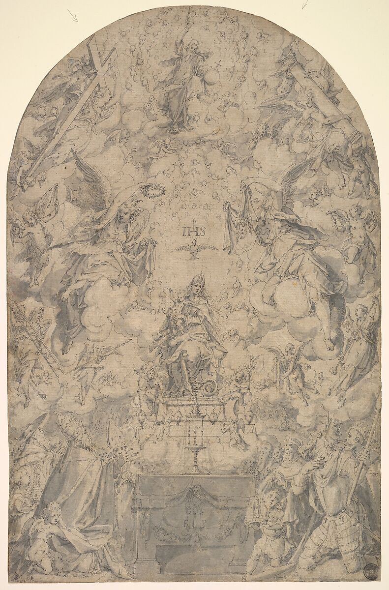 The Adoration of the Holy Trinity in the New Covenant, Friedrich Sustris (Netherlandish (possibly born Italy), Venice (?) ca. 1540–1599 Munich), Pen and gray ink, gray wash; laid down; framing line in pen and brown ink 