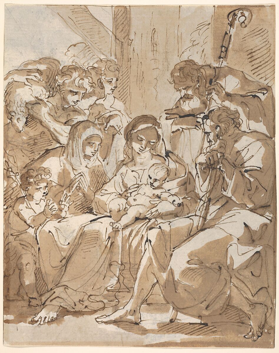 Adoration of the Shepherds, Ubaldo Gandolfi (Italian, San Matteo della Decima 1728–1781 Ravenna), Pen and brown ink and wash, traces of black chalk 