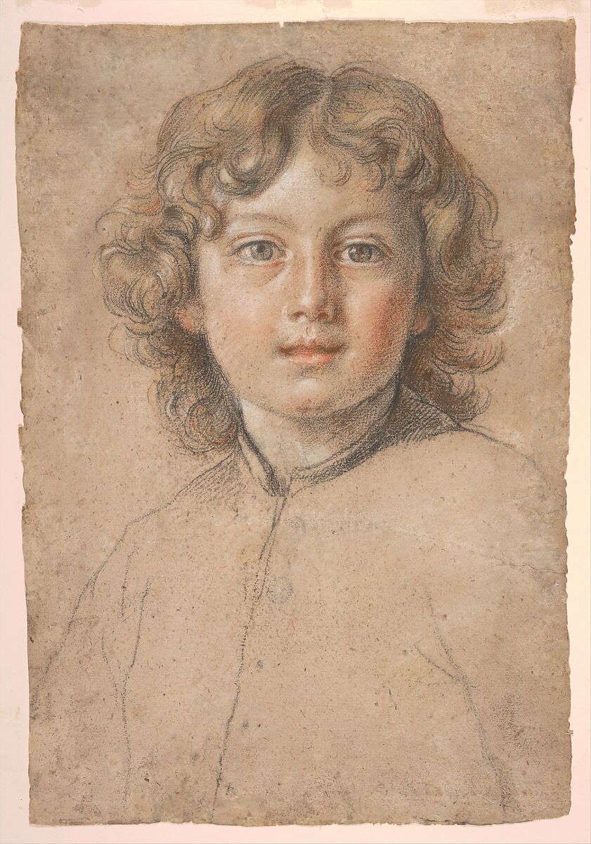 Head of a Young Boy, Anonymous, Italian  , 17th century, Black, red, brown and white chalk on buff paper 