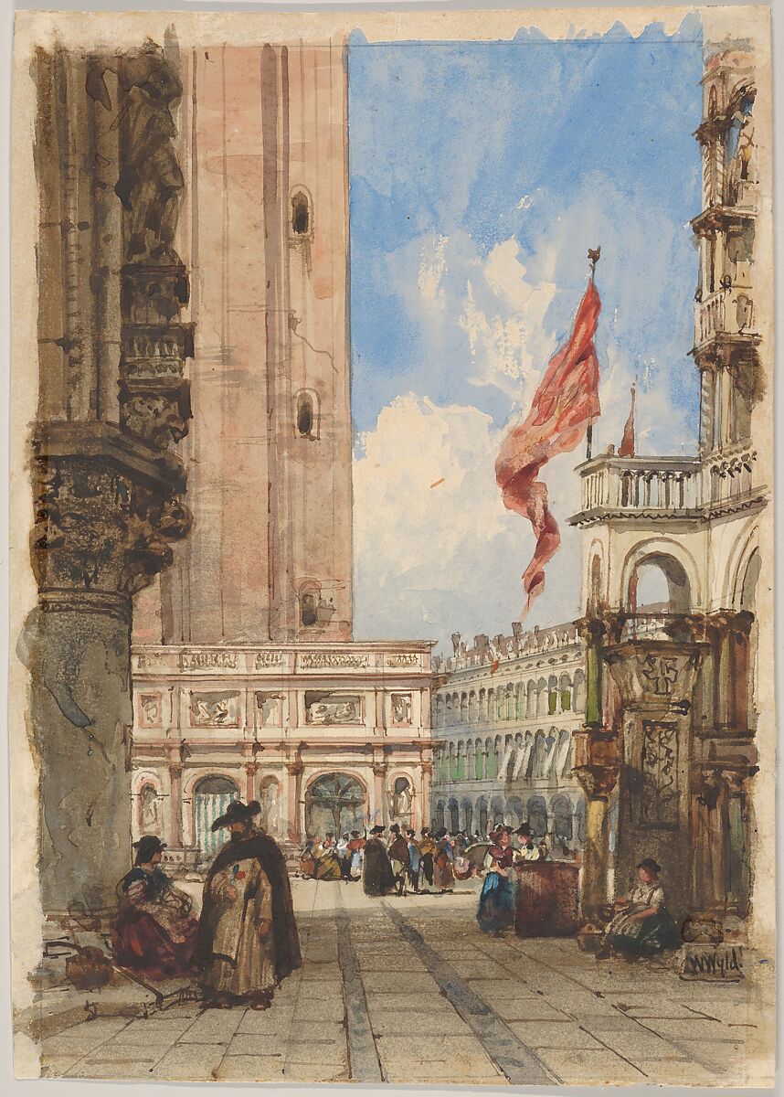 St. Mark's Square, Venice, with Loggetta, William Wyld (British, London 1806–1889 Paris), Watercolor and pen and ink over graphite 