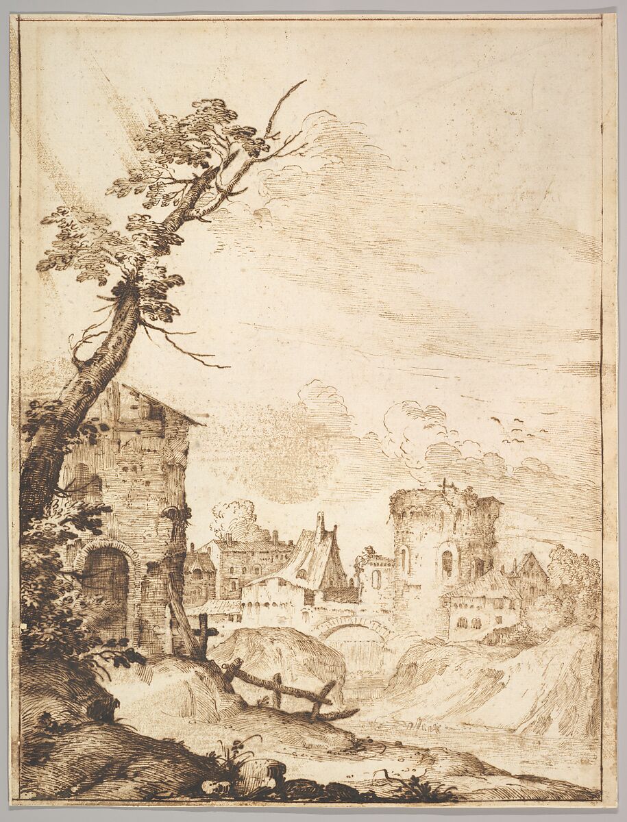 View of a Town with a Tower, Remigio Cantagallina (Italian, Borgo Sansepolcro ca. 1582–1656 Florence), Pen and brown ink 