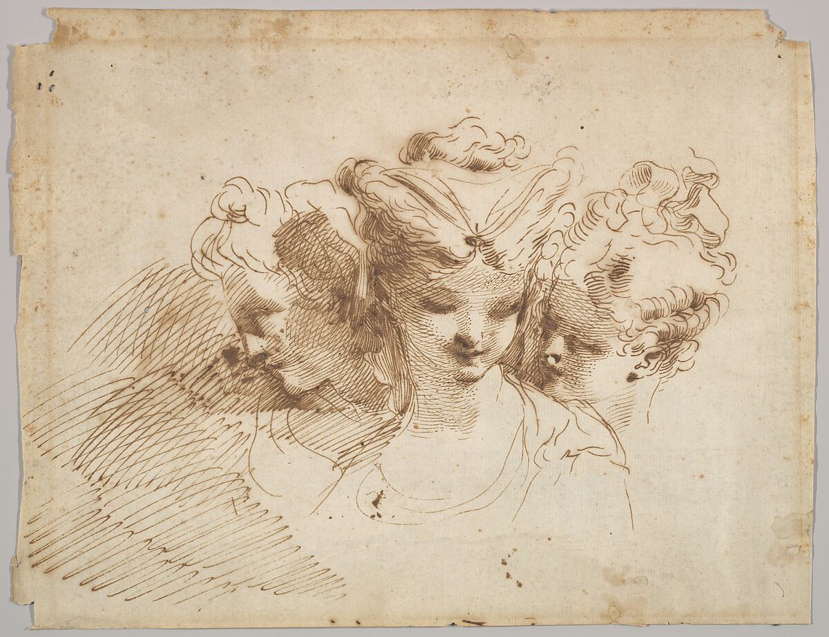 Three Female Heads, Gaetano Gandolfi (Italian, San Matteo della Decima 1734–1802 Bologna), Pen and brown ink 