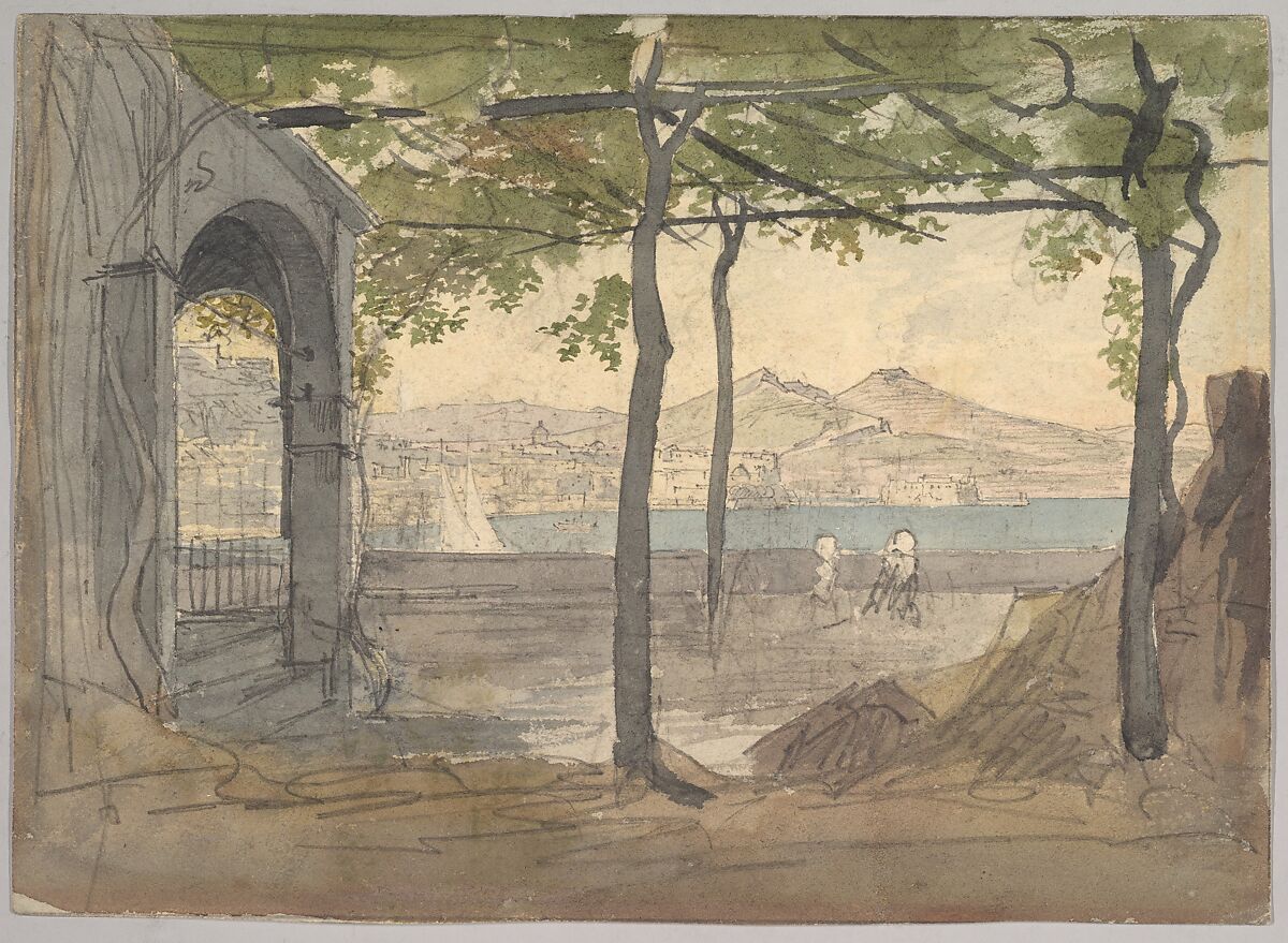 View of the Bay of Naples with Mount Vesuvius, Franz Ludwig Catel (German, Berlin 1778–1856 Rome), Graphite, watercolor 