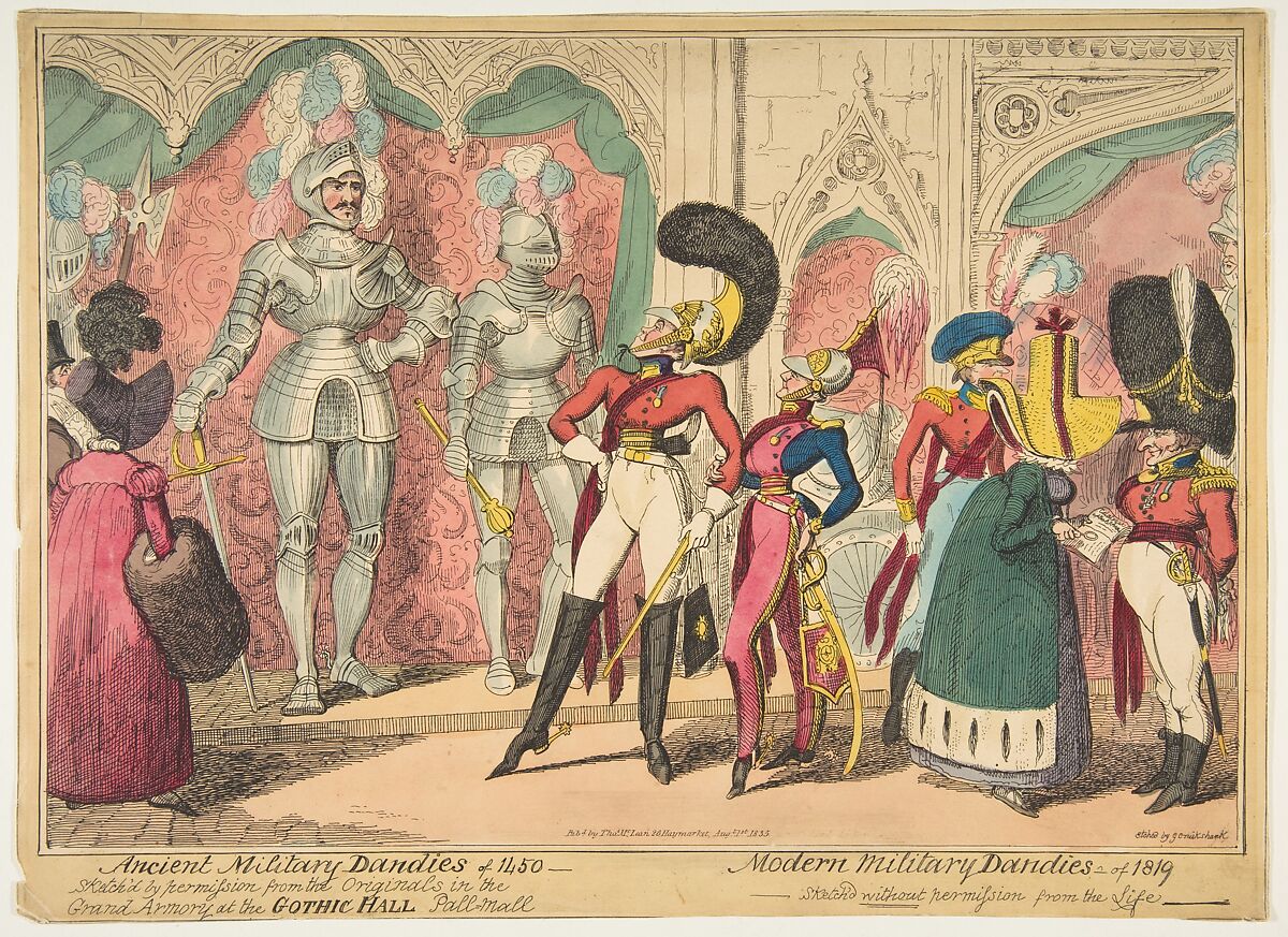 Ancient Military Dandies of 1450 – Modern Military Dandies of 1819, George Cruikshank (British, London 1792–1878 London), Etching, hand colored 