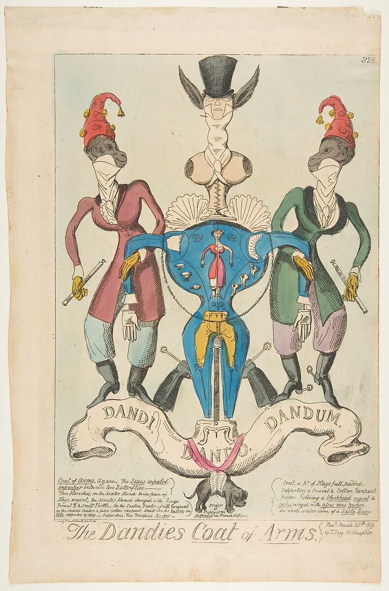 The Dandies Coat of Arms, George Cruikshank (British, London 1792–1878 London), Etching, hand colored 
