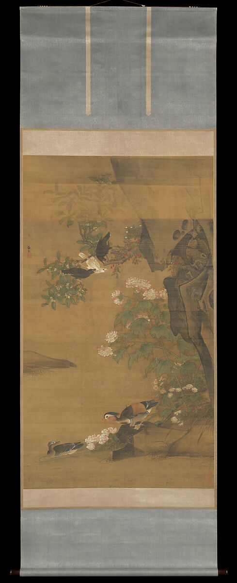 Mandarin ducks and cotton rose hibiscus, Lü Ji (Chinese, active late 15th century), Hanging scroll; ink and color on silk, China