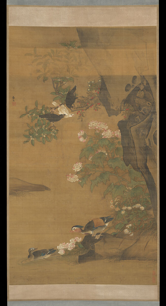 Mandarin ducks and cotton rose hibiscus, Lü Ji (Chinese, active late 15th century), Hanging scroll; ink and color on silk, China 