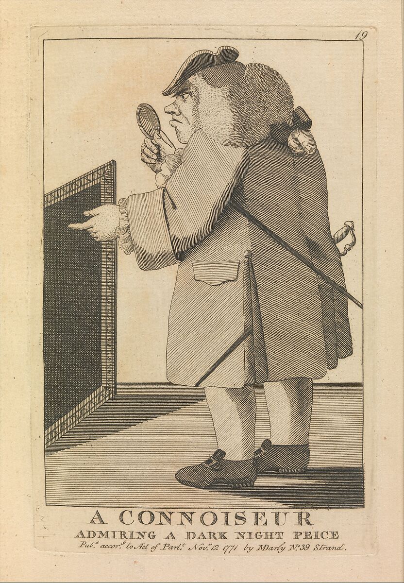 A Connoisseur Admiring a Dark Night Piece, Matthias Darly (British, ca. 1721–1780 London), Etching 