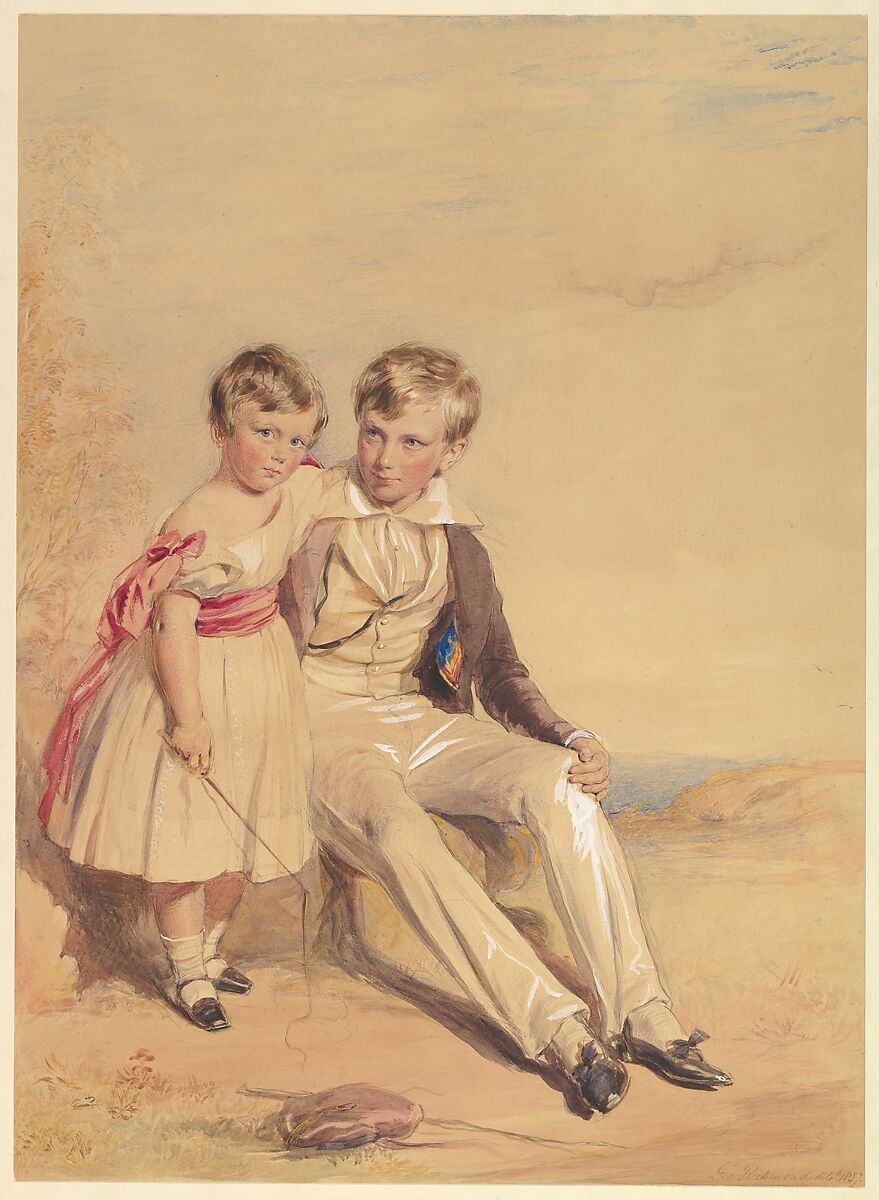 Portrait of two children, George Richmond (British, Brompton 1809–1896 London), Watercolor and gouache (bodycolor) with touches of gum and gold, on yellow paper 