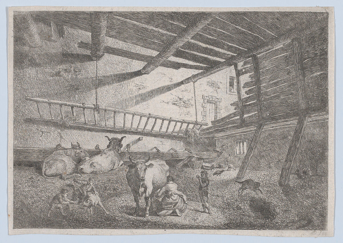 Interior of a Barn with Milkmaid, Anonymous, French, 19th century, Etching 