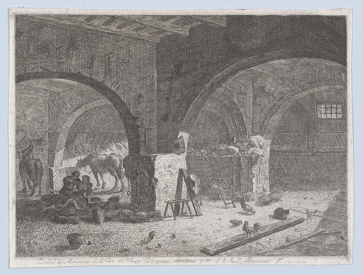 Interior of a Farm with Lovers, Anonymous, French, early 19th century, Etching 
