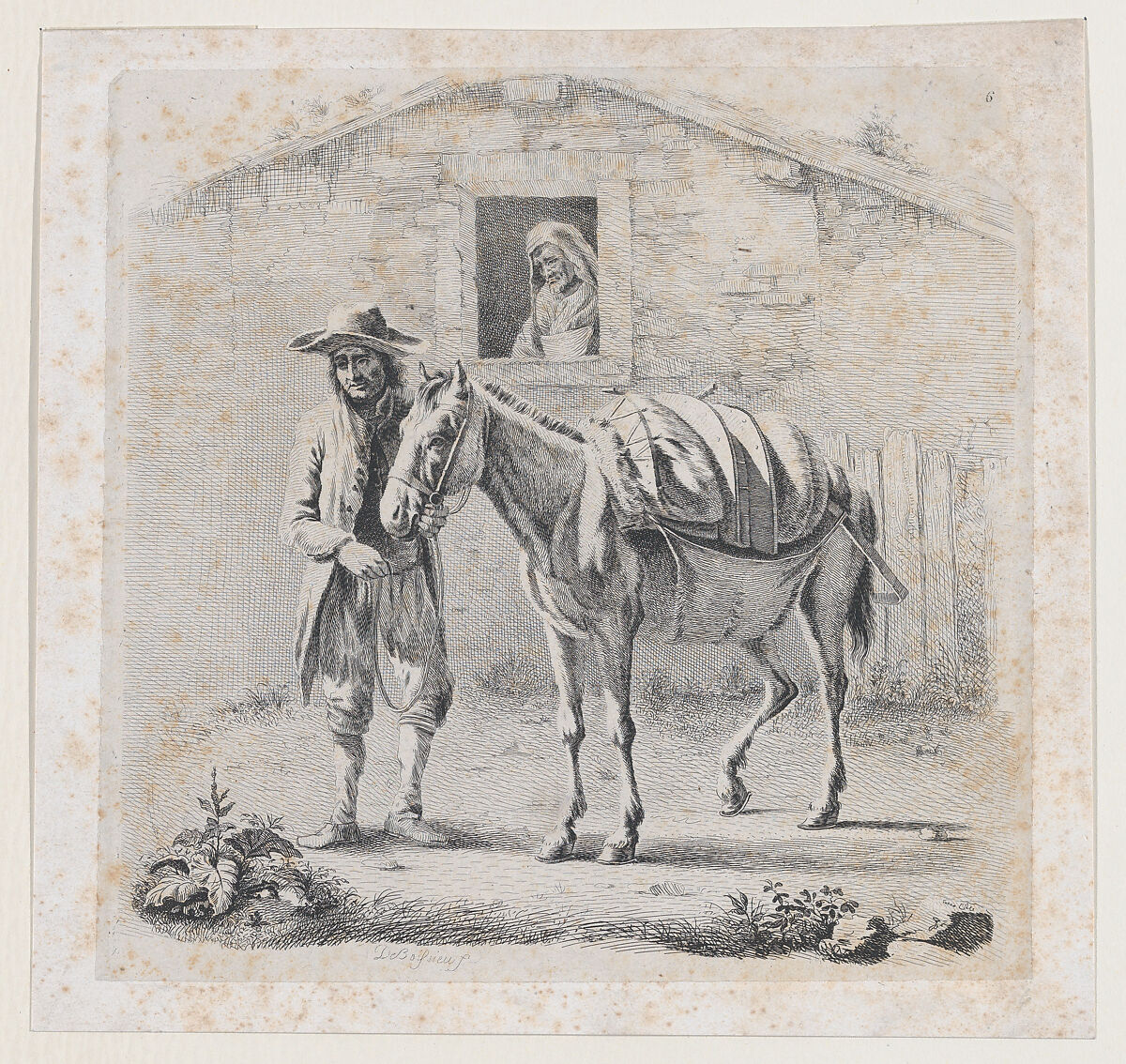 Man Holding a Mule before a House, Anonymous, French, early 19th century, Etching 